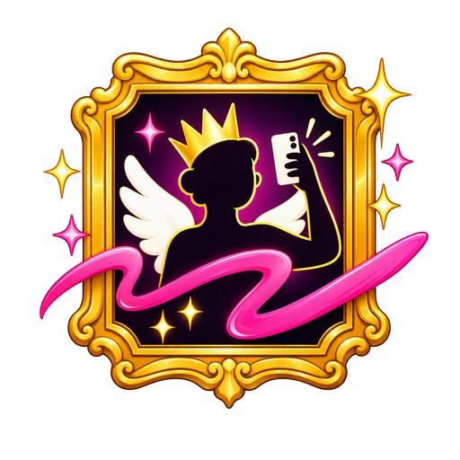 Golden frame icon: a crowned, winged figure taking a photo with a phone, with a pink brush stroke
